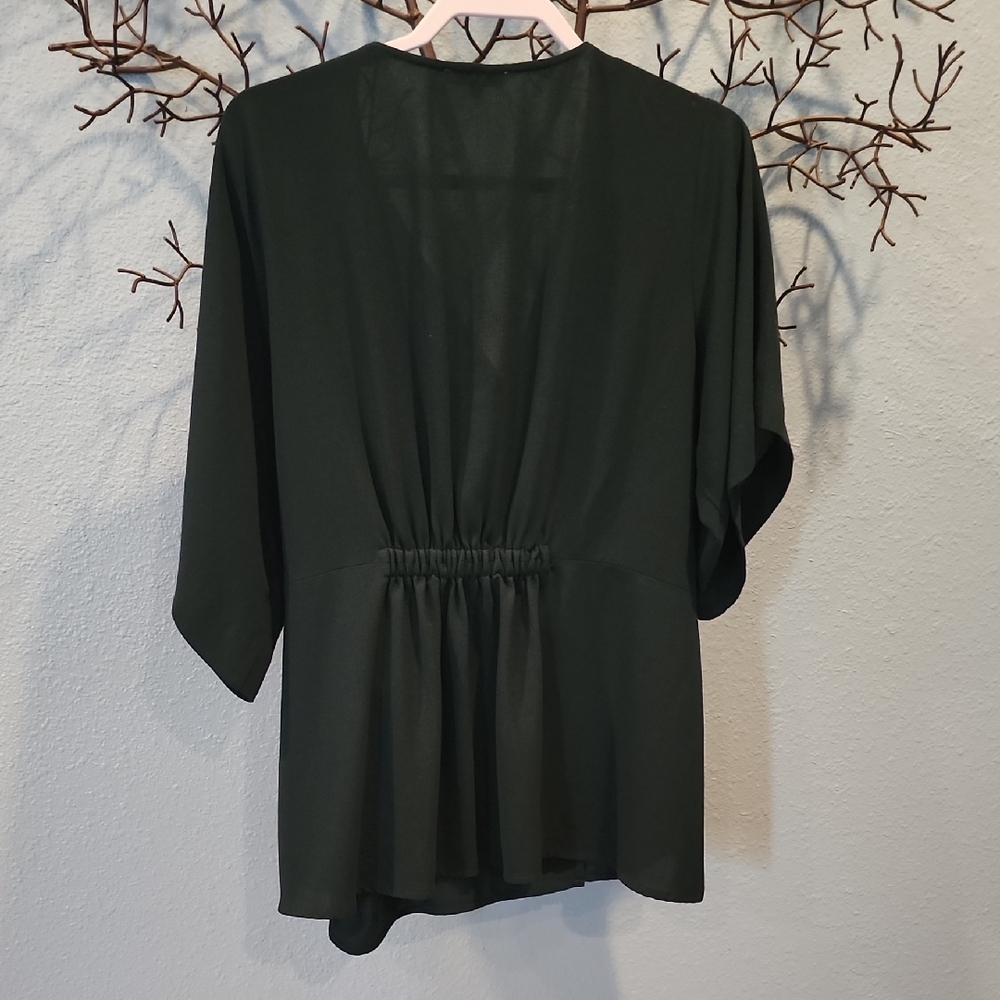 Skies Are Blue Green 3/4 Sleeve Wrap Blouse - Picture 3 of 3